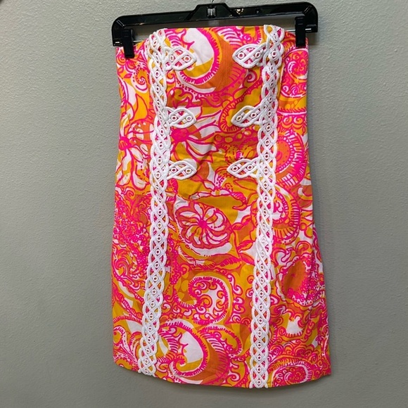 Lilly Pulitzer Tansy Dress strapless Barbie pink, yellow, white women’s size 6 - Picture 1 of 12
